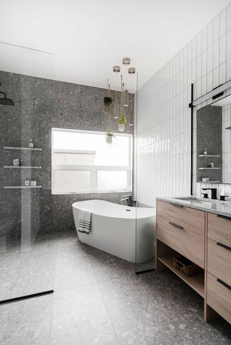 Bankview Townhouse | Bankview Townhouse Small Grey Bathroom Ideas, Vertical Subway Tile Bathroom, White Terrazzo Bathroom, Grey Terrazzo Bathroom, Small Grey Bathroom, Terrazzo Bathroom Tiles, Terrazzo Bathroom Design, Small Grey Bathrooms, White Subway Tile Bathroom