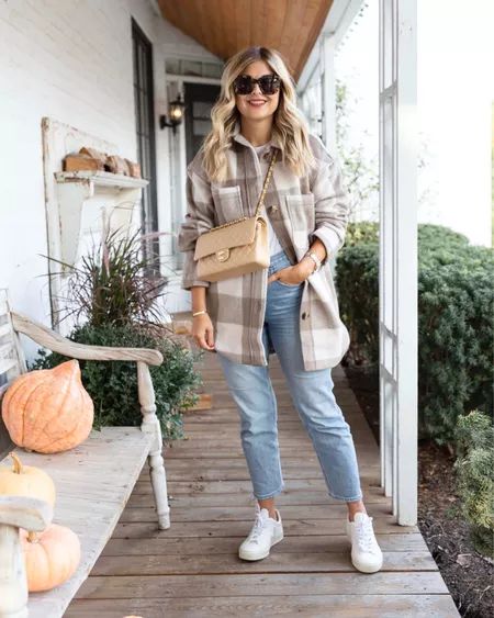 Campo Sneaker curated on LTK Shaket Jacket Outfit, Shacket Outfit Women, Plaid Jacket Outfit, Fall Jackets Outfit, White Tee Jeans, Krystin Lee, Shacket Outfit, Bag Saint Laurent, Jacket Outfit Women