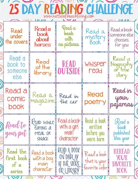 Perfect 25 Day Reading Challenge for Kids, kids reading activities, free printables reading challenge, Fun Book Ideas, Reading is important, Kids Books Reading Challenge For Kids, Summer Reading Activities, Pictures Of Kids, Reading Bingo, Fun Reading Activities, Reading Incentives, Summer Reading Challenge, Kids Book Club, Reading Charts