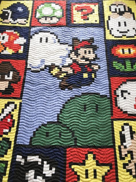 Mario Quilt Pattern, Mario Crochet Blanket Pattern, Gamer Quilt Ideas, Mario Brothers Quilt Pattern, C2c Mario Crochet Blanket, Mario Quilt, Pixel Quilting, Start Quilting, Quilt Sewing Patterns