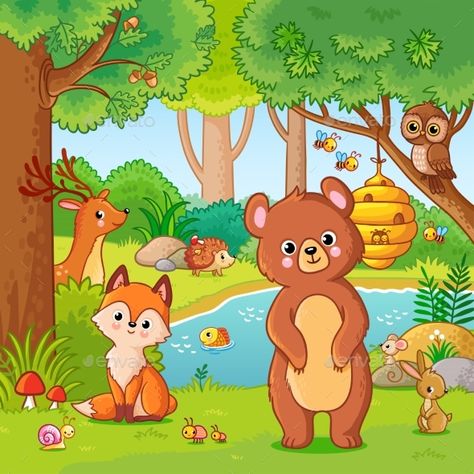 Fox and Bear in the Forest #Fox, #Bear, #Forest Games For Learning, Forest Drawing, Picture Composition, 동화 삽화, Cartoon Bee, Animal Coloring Books, Cartoon Background, Book For Kids, Art Drawings For Kids