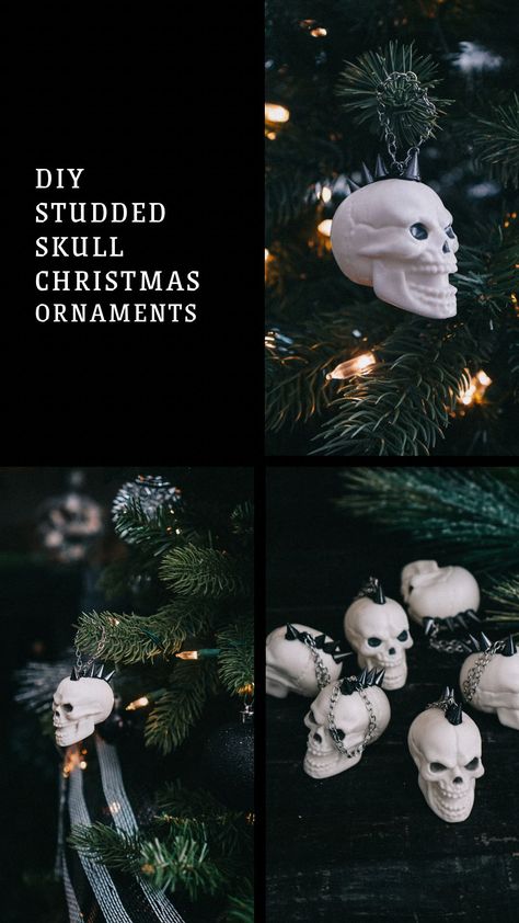 I’m so excited to share this easy DIY tutorial for Christmas! Learn how to make these chic (and a little creepy) studded skull ornaments! Diy Gothic Christmas Decorations, Goth Christmas Tree Ideas, Gothic Christmas Decorations Diy, Diy Dark Christmas Decorations, Diy Goth Christmas Decor, Spooky Christmas Decorations, Diy Goth Ornaments, Diy Gothic Christmas Ornaments, Gothic Christmas Aesthetic