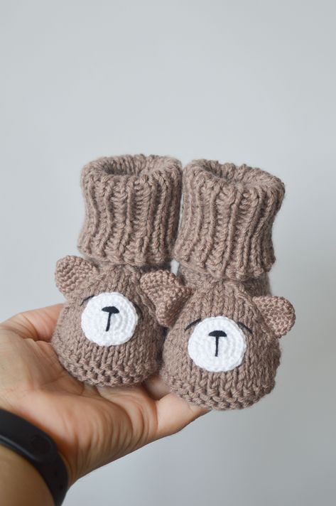 Bear baby booties knitted shoes coffee color newborn gift | Inspire Uplift Newborn Crochet Booties, Crochet Slipper Boots, Knitted Shoes, Kids Knitting Patterns, Knitted Baby Cardigan, Baby Knitwear, Handmade Baby Gifts, Knitted Booties, Booties Crochet