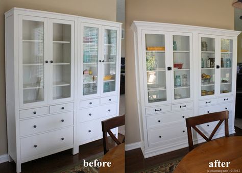 Cabinet built iun made with two ikea HEMNES Glass-door cabinets with 4 drawers, white, molding and replaced hardware. There seem to be lots of ways to make built ins affordably. I would love to turn a wall of bookshelves into similar great storage. Ikea Hemnes Cabinet, Built In China Cabinet, Dining Room Hutch, Ikea Hemnes, Ikea Billy, Billy Bookcase, China Cabinets, Ikea Hackers, Custom Built Ins