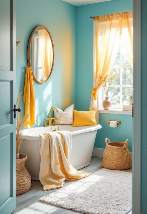 Blue and Yellow Boho Decor Blue Yellow Bathroom, Blue And Light Yellow Aesthetic, Teal And Yellow Bathroom, Boho Bathroom Yellow, Blue And Yellow Bathroom, Soft Yellow And Blue Aesthetic, Blue Yellow Aesthetic, Turquoise And Yellow Aesthetic, Yellow Tile