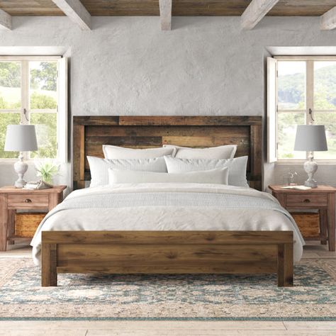 Millwood Pines Clemet Platform Bed | Wayfair Simple Wood Bed Frame, Rustic Queen Bed, Rustic Bed Frame, Rustic Bedroom Furniture, Addition Ideas, Cabin Bed, King Size Bed Frame, Standard Bed, Rustic Bedding