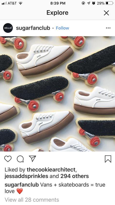 Skateboard Cookies Decorated, Skateboard Cookies, Vans Cookies, Vans First Birthday, Skateboard Party, Skateboard Birthday, 3rd Birthday Boys, Baby Vans, Royal Iced Cookies