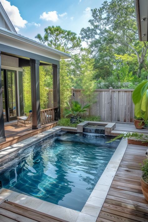 Small Backyard Pool Ideas: Refreshing Designs - Quiet Minimal Backyard Plunge Pool Ideas, Small Splash Pool Ideas, Spool Pool Cost, Small Pool With Water Feature, Small Backyard Pool And Patio Ideas, Plunge Pool Ideas, Towel Rack With Shelf, Small Backyard Pool Ideas, Strawberry House