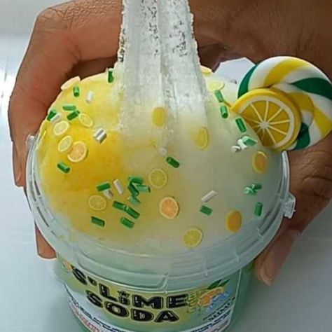 S'lime soda icee slime, with add-ins yellow and green with clay sprinkles Food Slime, Slime Activator, Icee Slime, Types Of Slime, Lemon Sherbet, Instant Snow, Clay Sprinkles, Plastic Envelope, Slime Kit