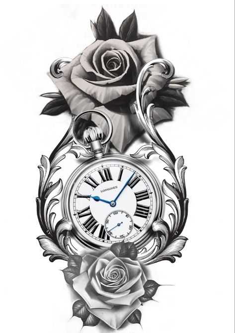 Tato Jam, Clock Ornaments, Clock And Rose Tattoo, Pegasus Tattoo, Kali Tattoo, Watch Tattoo Design, Capricorn Tattoo, Gangsta Tattoos, Clock Tattoo Design