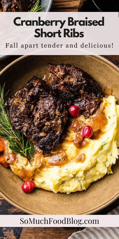 Cranberry Braised Short Ribs are slow-cooked in the oven with veggies, herbs, and cranberries until fall-apart tender. The perfect holiday meal! Cranberry Short Ribs, Short Rib Recipes Oven, Ribs Recipe Oven, Braising Recipes, Leafy Salad, Short Ribs Recipe, Save On Foods, Easy Holiday Recipes, Braised Short Ribs