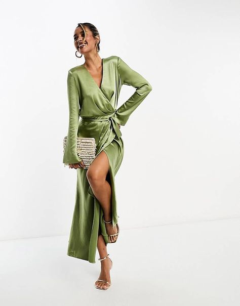 Women's Christmas & Thanksgiving Outfits | Party Outfits | ASOS Khaki Dress Outfit Wedding, Wedding Guest Fashion, Velvet Bustier, Green Satin Dress, Winter Wedding Guest, Satin Dress Long, 2025 Wedding, Midaxi Dress, Satin Long Sleeve