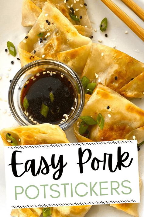 Skip takeout and make this easy Pork Potstickers recipe in your own kitchen. Store bought wonton wrappers and a flavorful pork filling make these delicious pan fried and steamed dumplings easy and fun to make. Serve with a simple dipping sauce for a delicious appetizer or side dish. Wonton Wrapper Dumplings, Homemade Potstickers Easy, Potstickers And Sides, Pork Wonton Recipes, Pork Wonton Recipes Filling, Easy Pork Potstickers, Potsticker Appetizer, Pork Potstickers Recipe, Pork Wonton Recipe