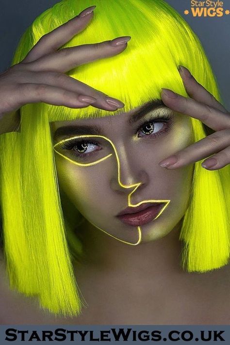 Cyberpunk Makeup, Neon Face Paint, Yellow Wig, Uv Makeup, Futuristic Makeup, Fantasy Make-up, Neon Makeup, Face Art Makeup, Rave Makeup