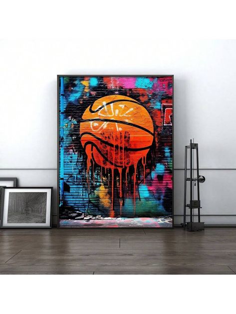 1pc Street Graffiti Basketball Poster Sports Art Painting Canvas Print Boy Teen Room Dorm Decoration,FramelessI discovered amazing products on SHEIN.com, come check them out! Basketball Acrylic Painting, Basketball Graffiti Art, Basketball Painting Ideas, Basketball Canvas Painting, Basketball Graffiti, Teen Room Art, Graffiti Bedroom, Basketball Painting, Whiteboard Art