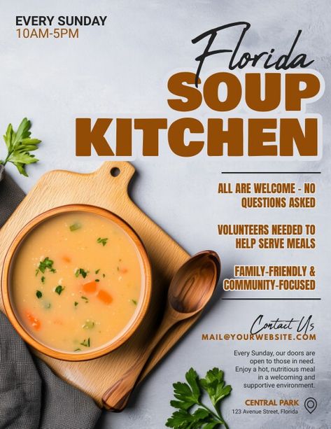 3d Soup Kitchen Flyer (us Letter) | PosterMyWall Soup Design, Church Halloween, Event Poster Template, Linkedin Background Image, Kindle Book Cover, Soup Kitchen, Etsy Banner, Campaign Posters, Blog Header