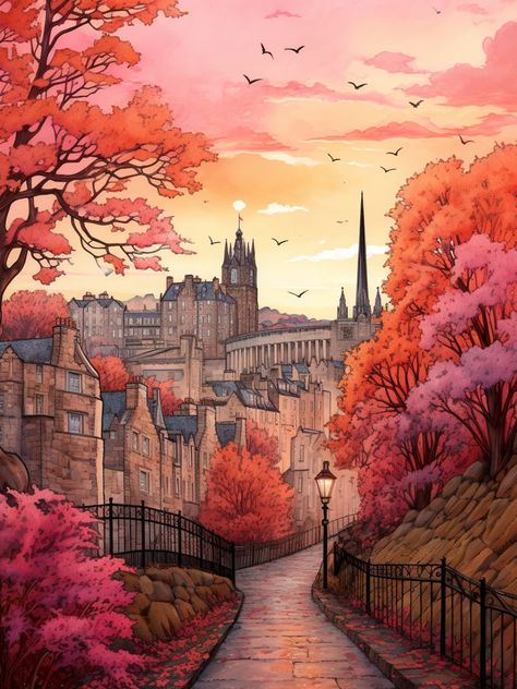 Autumn Edinburgh Scotland Artwork, Edinburgh Illustration, Watercolor Art Landscape, Autumn Magic, Historic Architecture, Cityscape Art, Aura Colors, Breathtaking Beauty, Landscape Drawings