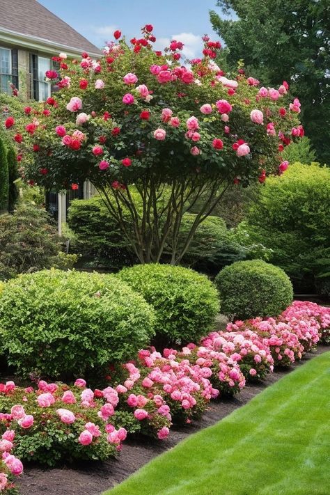 Landscaping With Roses Front Yard, Flower Beds In Front Of House Simple, Short Shrubs For Landscaping, Floral Landscape Ideas, Pink Bushes Flowering Shrubs, Rose Of Sharon Tree Landscape Ideas, Pink Hydrangea Landscaping, Small Flowering Shrubs, Driveway Flower Bed