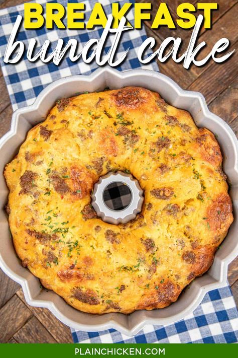 Breakfast Bundt Cake - this easy breakfast casserole recipe has quickly become a family favorite! Biscuits, sausage, tater tots, eggs, milk, dijon mustard, onion powder, garlic powder, salt, pepper, and cheddar cheese. It's super easy to make and can be customized with your favorite breakfast ingredients. This is the most delicious way to start your day! Bundt Cake Breakfast With Tator Tots, That Dude Can Cook, Breakfast Bundt, Chicken Board, Breakfast Bundt Cake, Easy Breakfast Casserole Recipes, Baked Breakfast, Biscuits Casserole, Tater Tot Breakfast