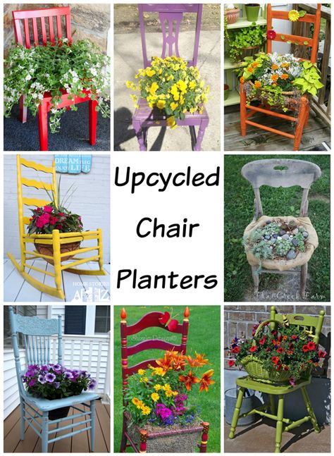 Upcycled Chair Planters - turn thrift store chairs into pretty planters that also double as garden art! 8 fabulous examples from talented DIYers! Upcycled Chairs, Chair Planter, Old Chairs, Patio Designs, Garden Yard Ideas, Memorial Garden, Deco Floral, Flower Planters, Garden Crafts