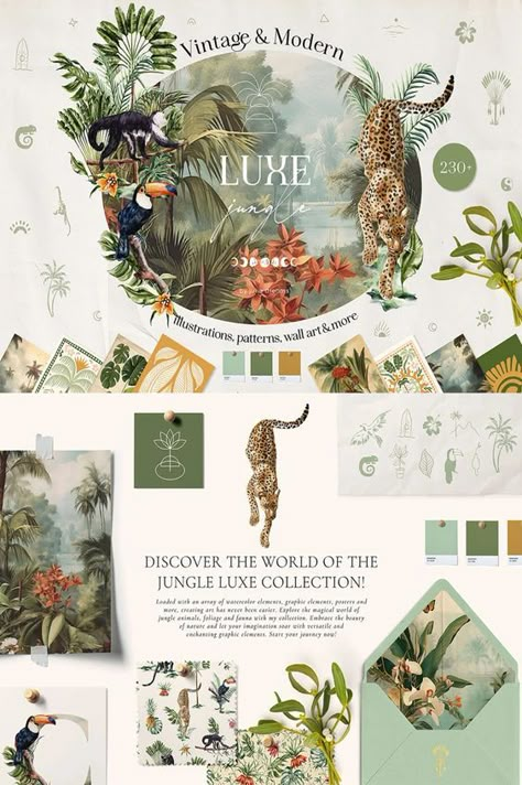 Jungle Luxe Watercolor Tropical Collection Graphics - Grafik Yeah! Floral Package Design, Tropical Illustration Art, Jungle Packaging, Graphic Design Nature Inspired, Jungle Branding, Tropical Graphic Design, Tropical Packaging, Jungle Map, Tropical Moodboard