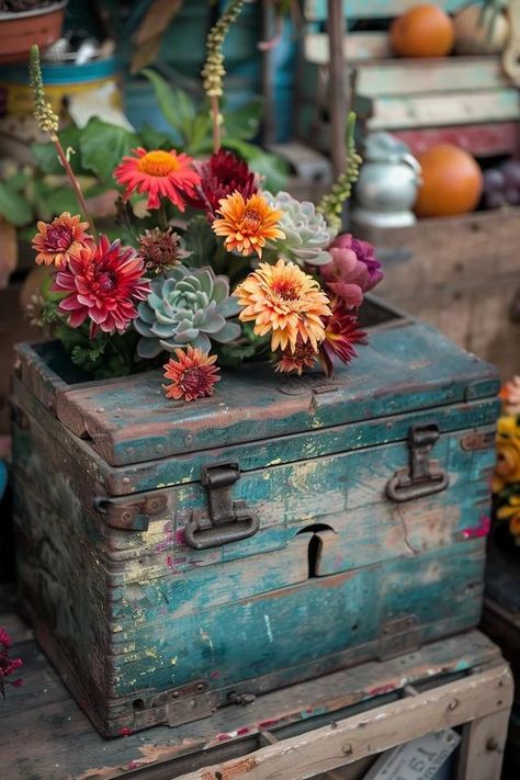 Rustic Charm: Wooden Tool Box Decorating Ideas Antique Tool Box Decor Ideas, Old Tool Box Decor Ideas, Vintage Tool Box Decor, Box Decorating Ideas, Wooden Box Decor, Tool Box Decor, Wooden Tool Box, Old Tool Boxes, Rustic Wooden Furniture