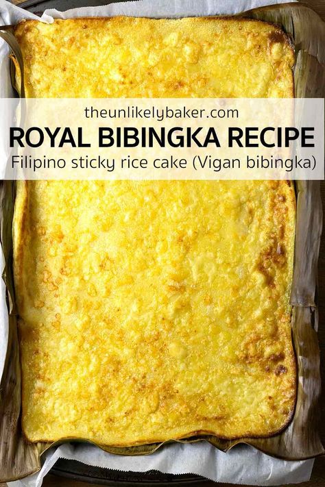 Royal bibingka is a variety of Filipino rice cake popular in the Ilocos region and is made of glutinous rice flour, coconut milk, eggs and cheese. It’s chewy and sticky, not too sweet, delicious! Check out the authentic recipe with lots of tips, FAQs and step-by-step photos for perfect royal bibingka every time. Filipino Rice Cake, Filipino Rice, Bibingka Recipe, Ilocos Region, Easy Filipino Recipes, Eggs And Cheese, Filipino Food Dessert, Pinoy Recipes, Glutinous Rice Flour