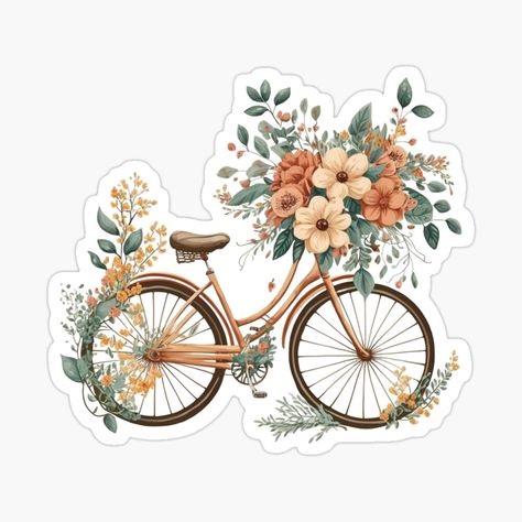 Floral Flowers Stickers, Vintage Stickers Flowers, Cottagecore Stickers, Bicycle Stickers, Stickers Single, Sticker Design Inspiration, Printable Vintage Art, Scrapbook Printing, Cute Laptop Stickers