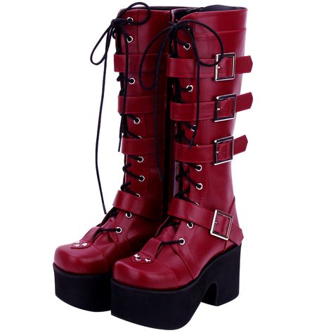 Heels Height 9cm; US size 7 - 11 available to order; #boots #burgundyboots #punkboots Platform Boots Chunky, Basic Boots, Pu Boots, Buy Boots, Cosplay Boots, Punk Boots, Japanese Harajuku, High Leather Boots, Super High Heels