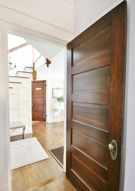 Stained Doors White Trim, Stained Interior Doors, Wood Doors White Trim, Staircase Molding, Dark Doors, Oak Interior, Stained Doors, Oak Wood Floors, Indoor Doors