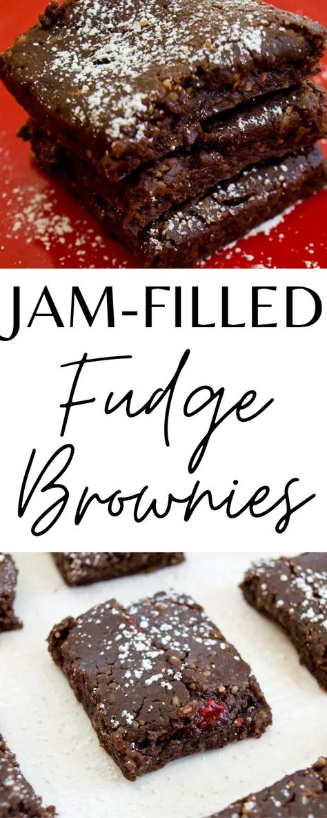 These Jam-Filled Fudge Brownies are gooey, chocolate goodness! They're a healthy, simple, and delicious dessert! Jam Brownies, Clean Eating Vegetarian, Dark Chocolate Brownies, Breakfast Pastries, Recipe Board, Indulgent Desserts, Pink Drinks, Fudge Brownies, Healthy Foodie