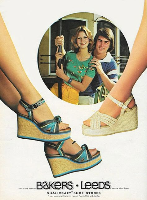 1977 Baker's shoes ad - wedge sandals 1970s Shoes, Just Seventeen, 1990 Style, Fashion 1970s, Shoes Ads, 60s 70s Fashion, Seventies Fashion, Vintage Memory, 1970s Fashion