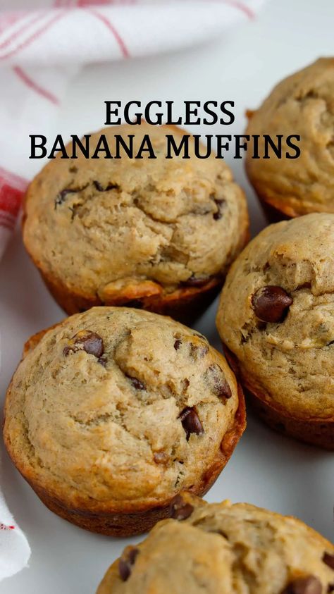 Eggless Banana Muffins / Eggless Banana Chocolate Chip Muffins Egg Free Banana Muffins, Eggless Banana Muffins, Egg Free Muffins, Eggless Breakfast, Banana Oatmeal Muffins, Eggless Desserts, Banana Muffin Recipe, Eggless Recipes, Banana Bread Muffins