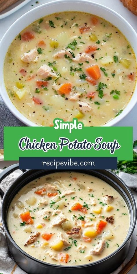 Craving a delicious and hearty soup to brighten your week? This Chicken Potato Soup Recipe is packed with wholesome ingredients that make mealtime easy and delightful. Don't forget to save it for those chilly evenings when comfort food is a must! Chicken Baked Potato Soup, Onion Potato Soup, Chicken Broccoli Soup, Soup With Potatoes, Chicken Potato Soup, Leftover Baked Potatoes, Soup Recipe Easy, Whole30 Chicken, Chicken Potato