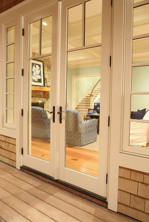 Sliding Doors With Windows On Each Side, French Doors To Porch, Door To Patio From Living Room, Back Deck Door Ideas, Deck Doors Ideas, French Door To Patio, Deck Door Ideas, Farmhouse Patio Doors, Paneled Windows