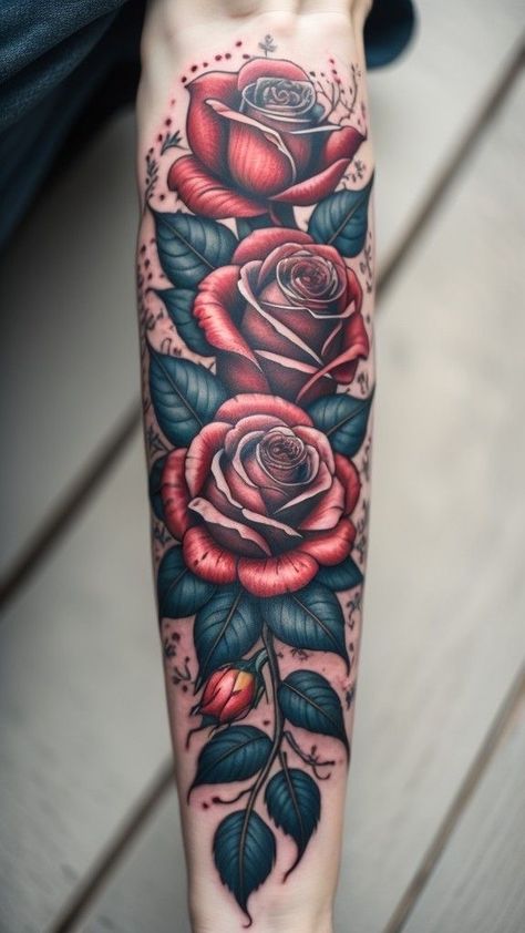 Half Sleeve Rose Tattoo, Inner Elbow Tattoos, Color And Emotion, Ink Tattoo Design, Rose Tattoo On Arm, Red Ink Tattoo, Detailed Tattoos, Red Tattoo Ideas, Traditional Tattoo Flowers