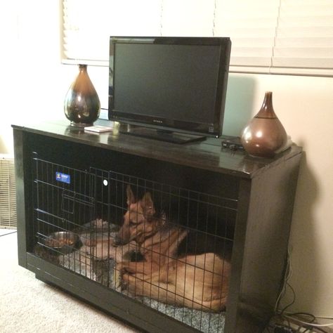 DIY Furniture dog crate tv stand dog bed Decorated Dog Cage, Dog Crate Tv Stand, Diy Furniture Dog Crate, Crate Tv, Furniture Dog Crate, Crate Tv Stand, Tv Stand Plans, Bronze Kitchen Faucet, Diy Dog Crate