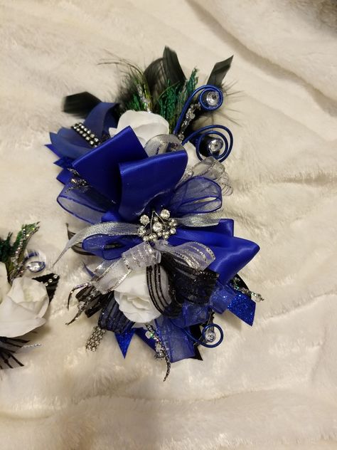 Blue And Black Corsage Prom, Royal Blue Homecoming Dress, Hoco 2022, Corsage Flowers, Black Corsage, Blue Corsage, Prom Jacket, Chloe And Paige, Blue Flowers Background