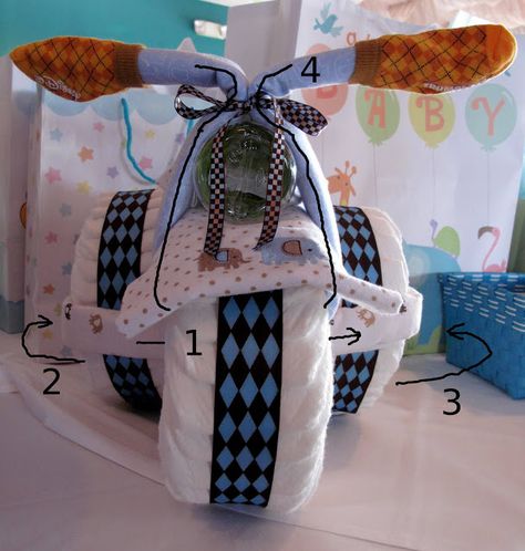 Diaper Tricycle Tutorial: How to Make a Diaper Trike - One Dog Woof Diaper Tricycle, Diaper Cake Instructions, Diy Diaper Cake, Diaper Gifts, Diaper Cake Boy, 4 Wheelers, Baby Shower Diaper Cake, Shower Diy