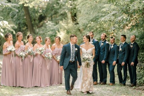 Rustic, Elegant Wedding Party with Dusty-Pink Dresses and Navy Suits Pink Bridal Party, Dusty Pink Weddings, Dusty Pink Dresses, Rustic Elegant Wedding, Bridal Party Outfit, Wedding Party Outfits, Pink Wedding Dress, Navy Blue Wedding, Wedding Dress Pictures