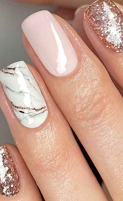 24 Ridiculously Gorgeous Rose Gold Nail Designs That Will Take Your Breath Away https://www.polishandpearls.com/rose-gold-nail-designs/ Rose Gold Neutral Nails, Gel Nail Designs Rose Gold, Gel X Nail Designs Marble, White Nails With Rose Gold Glitter, Rose Gold And White Nails Design, Light Pink Gold Nails, Marble Rose Gold Nails, White And Gold Nail Designs Simple, Nails Inspiration Rose Gold