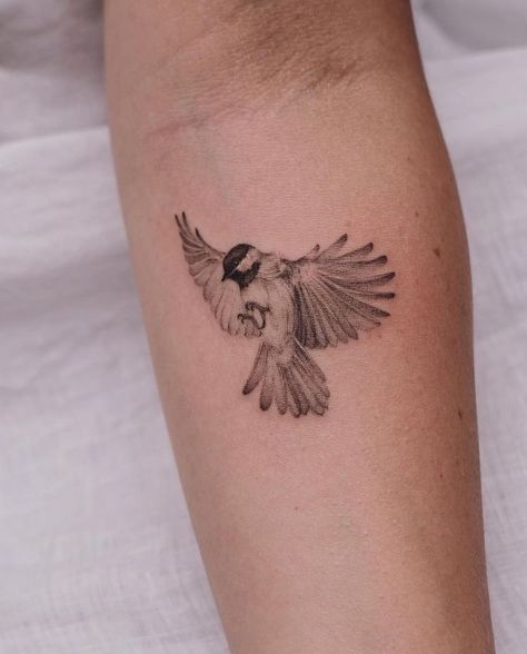 Sparrow Tattoo Ideas, Realistic Bird Tattoo, Chickadee Tattoo, Bird Shoulder Tattoos, Sparrow Tattoo Design, Bird Tattoo Sleeves, Bird Tattoos Arm, Vogel Tattoo, Inner Bicep Tattoo