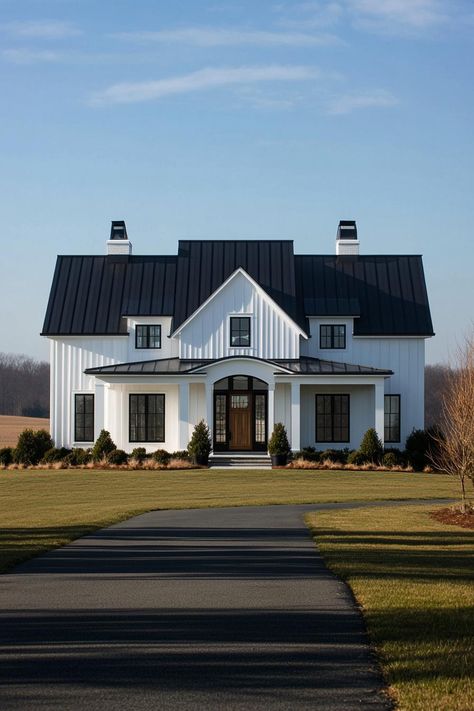 66 Rustic Modern Farmhouses for Stylish Country Living White House Black Painted Foundation, White House With Black Windows Exterior, White House With Black Roof, House With Black Roof, Barndominium Houses, Painted Foundation, Black Windows Exterior, Black Metal Roof, Farmhouse Stand