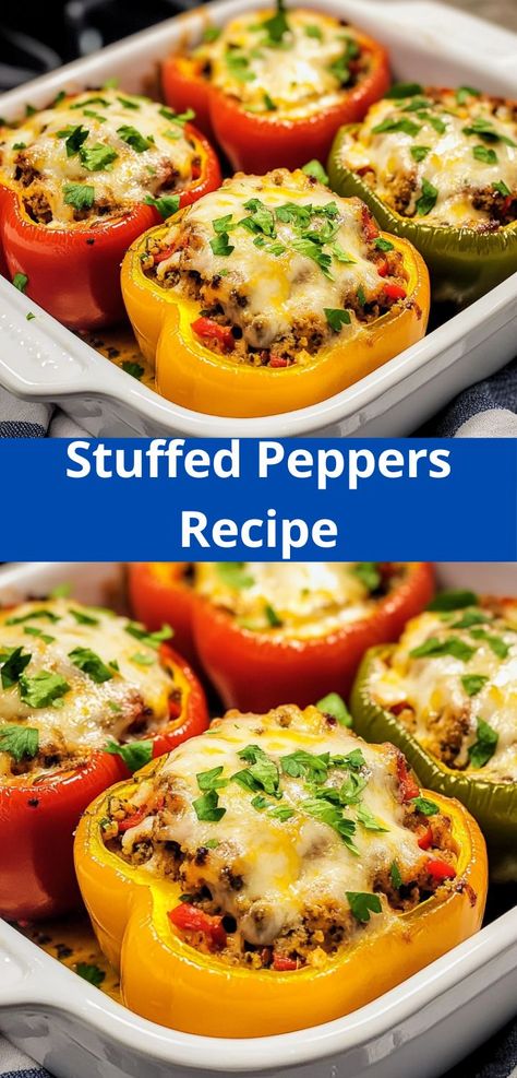 Need a quick, healthy meal? This Stuffed Peppers Recipe is a delicious, easy dinner idea perfect for beef dinner recipes or dinner for family and friends. Stuffed Bell Peppers Ground Beef And Rice Recipes, Stuffed Bell Peppers Ground Beef And Rice Skillet, Simple Stuffed Bell Peppers, Stuffed Red Peppers Ground Beef, Stuffed Bell Pepper Recipes Ground Beef, Easy Stuffed Peppers With Rice, Stuffed Bell Pepper Recipes, Ground Beef Stuffed Peppers, Stuffed Peppers Recipes