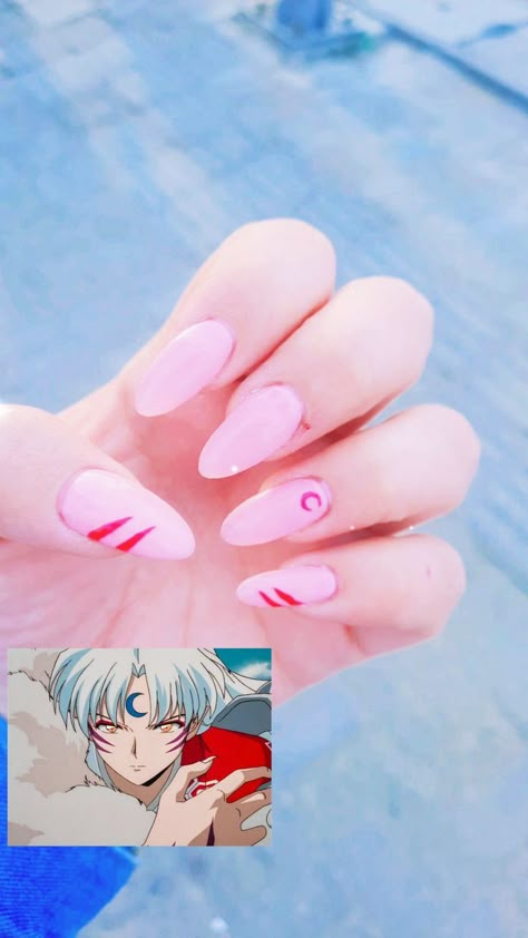 Snorlax Acrylic Nails, Inuyasha Nails Acrylic, Cute Anime Nails Acrylic, Sesshomaru Nail Art, Nails Acrylic Anime Inspired, Inuyasha Inspired Nails, Easy Anime Nail Designs, Anime Themed Nails Acrylic, Anime Nails Art Ideas