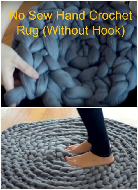 DIY No Sew Hand Crochet Rug Without Hook (Video) #Crochet, Hand Crochet Rug, Rug Tutorial, Crochet Rug Patterns, A Rug, Arm Knitting, Diy Rug, Yarn Projects, Crochet Rug, No Sew