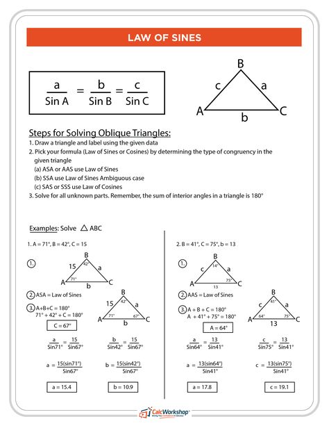 Law of Sines PDF (Free Printable) which includes the formulas, detailed steps to solve oblique triangles, and 2 practice problems. Great handout for students and teachers in PreCalculus, Trig, or even Algebra 2. Grab your FREE Cheat Sheet Today! Law Of Sines, Triangle Worksheet, Geometry Worksheets, Algebra 2, Word Problem Worksheets, Math Formulas, Math Help, Studying Math, Trigonometry