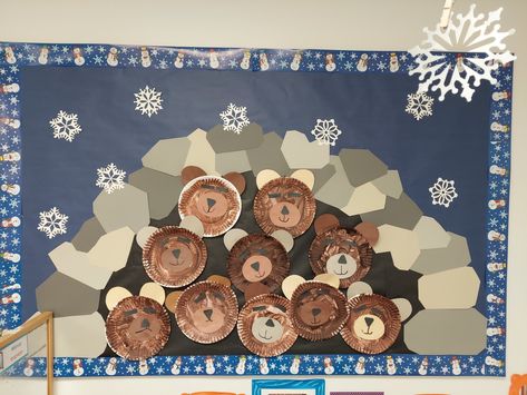 Bear Cave Bulletin Board, Woodland Animal Bulletin Board Ideas, Bear Cave Preschool, Hibernation Bulletin Board Ideas, Cave Bulletin Board, January Preschool Bulletin Boards, Bear Cave Craft, Animal Bulletin Board Ideas, Snow Bulletin Board Ideas