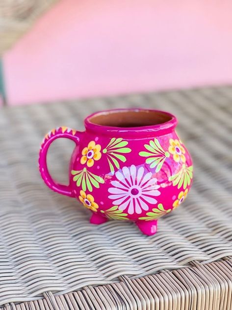 Fiesta Ware Kitchen, Clay Coffee Cup, Mexican Pottery Decor, Mexican Kitchen Decor, Hand Painted Mug, Painted Mug, Painted Clay, Mexican Ceramics, Mexican Home Decor