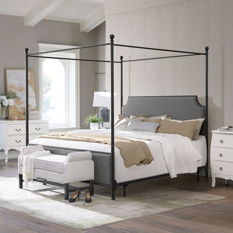 Queen Size Canopy Bed, Gray Upholstered Headboard, 4 Poster Bed, Queen Canopy Bed, Bed Frame Sets, Simple Bed Designs, Metal Canopy Bed, Canopy Bed Frame, Canopy Beds